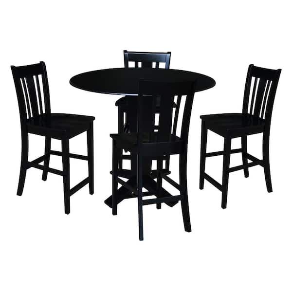 International Concepts Aria Black 42 in. Solid Wood Drop-Leaf Counter Height Pedestal Table and 4-San Remo Stools, Seats 4