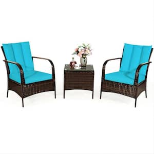 Mix Brown 3-Piece Rattan Wicker Outdoor Furniture Patio Conversation Set with Turquoise Cushions