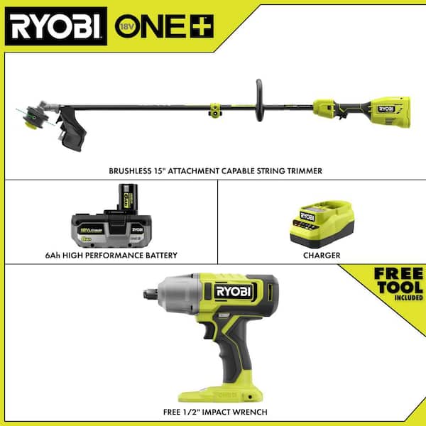 ONE+ HP 18V Brushless 15" Attachment Capable String Trimmer w/ 6.0 Ah Battery, Charger, & FREE ONE+ 1/2" Impact Wrench