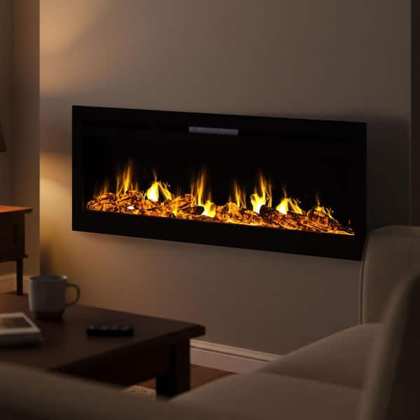 50 in. 5440 BTU Wall-Mount Electric Fireplace Furnace or Recessed LED Flame, 2 Media Options and Remote Control in Black