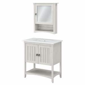 Salinas 31.89 in. W Single Sink Bath Vanity in Linen White Oak with White Wood Top and Mirror