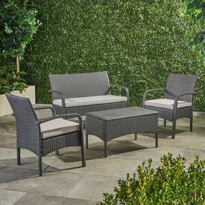 4-Piece Gray Wicker Patio Conversation Set with Gray Cushions