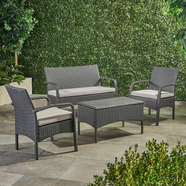 Tenleaf 4-Piece Gray Wicker Patio Conversation Set with Gray Cushions