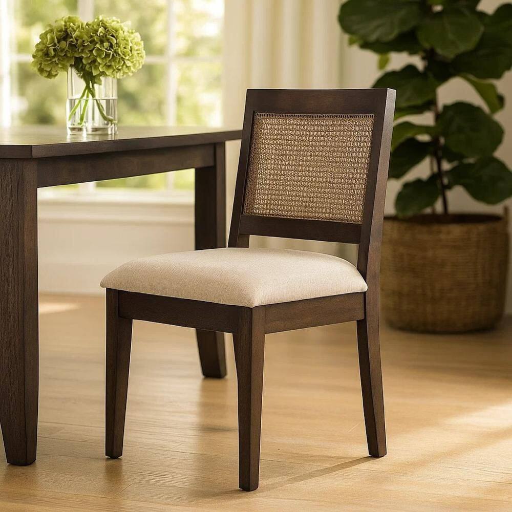 Zemi Dark Brown Fabric and Rattan Back Dining Chair Set of 2