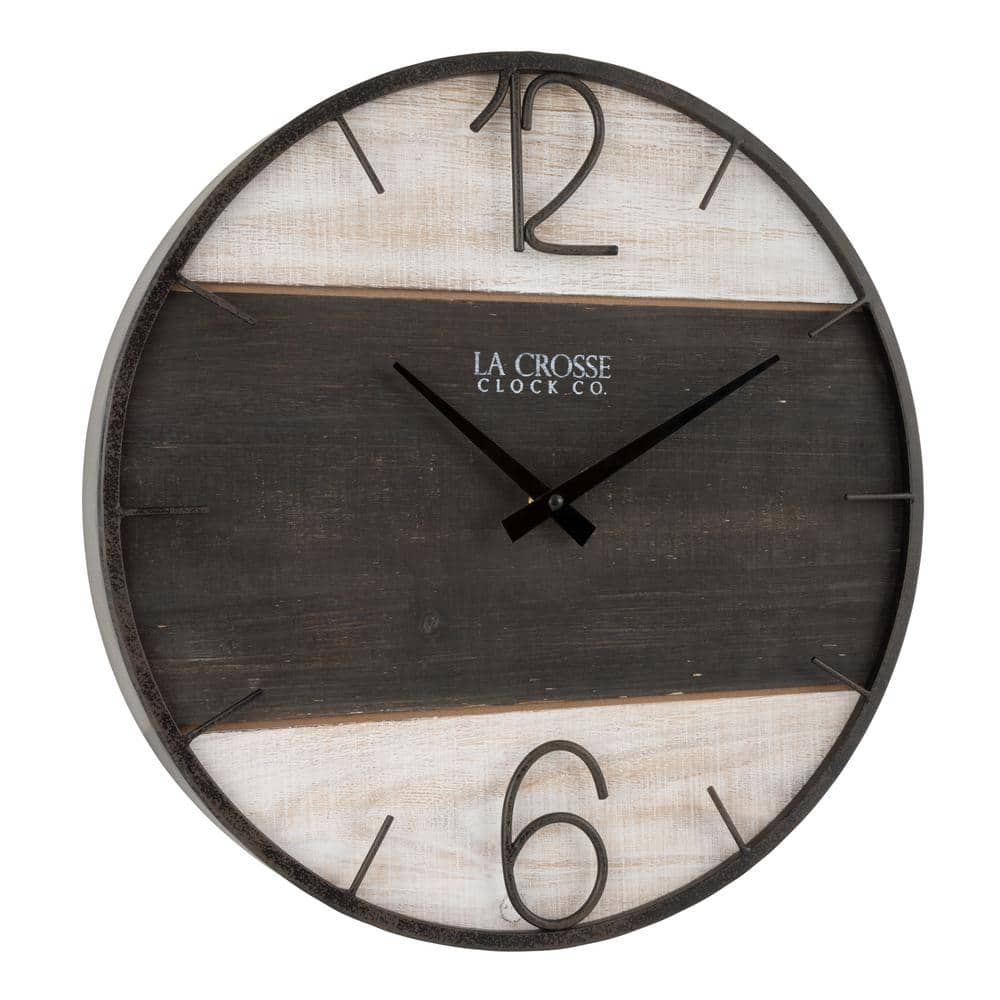 16" Brown and Off-White Metal and Wood Round Wall Clock