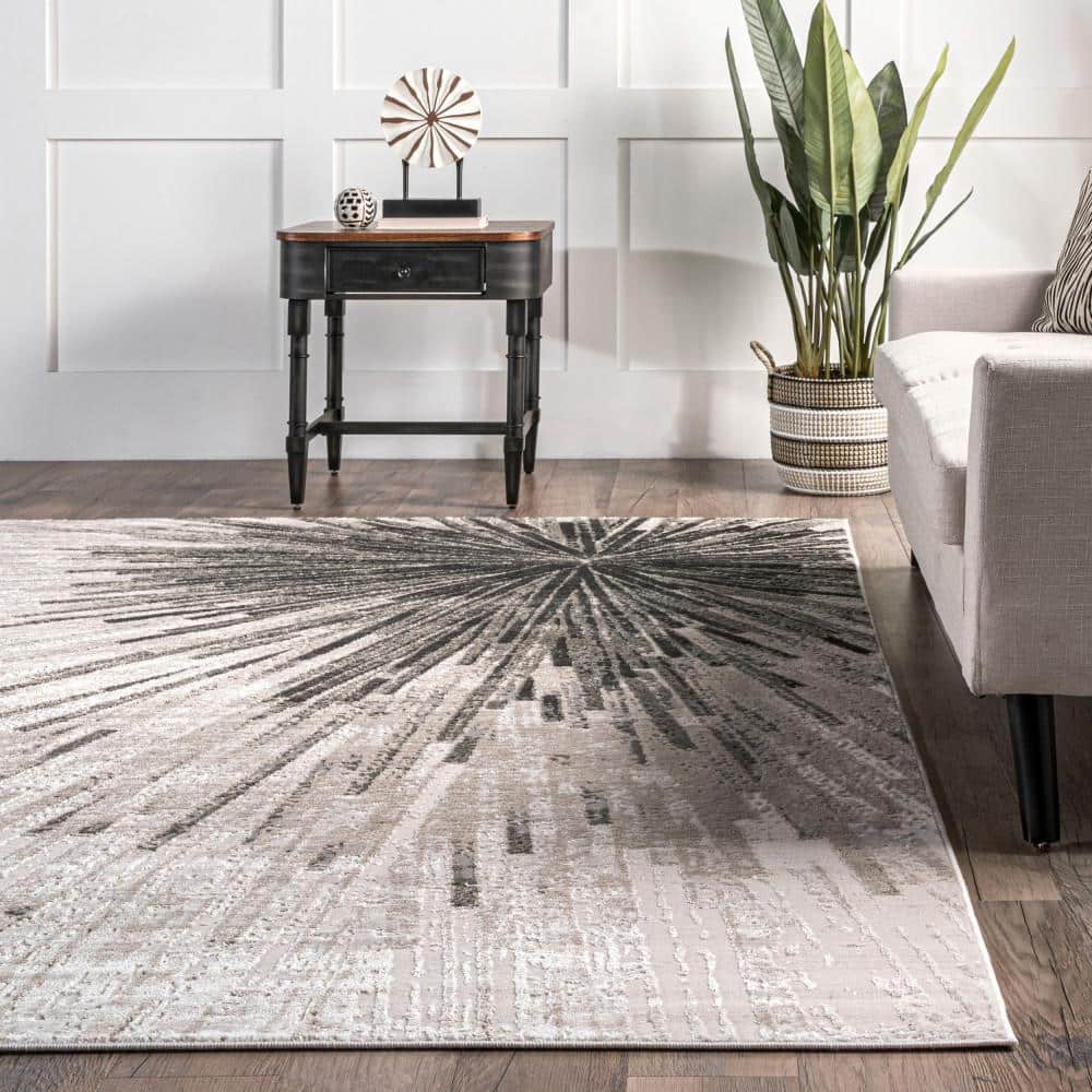 Beige and Black Abstract Synthetic 5' x 8' Area Rug