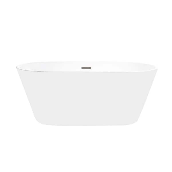 Vanity Art Domme 54 in. Acrylic Flatbottom Freestanding Non-Slip Bathtub in White/Brushed Nickel