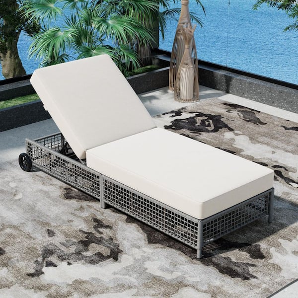 Tenleaf Gray Movable Metal Outdoor 5-Position Adjustable Backrest Recliner with Beige Cushion