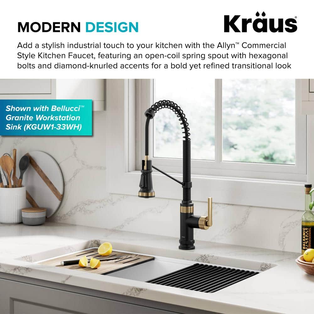 Allyn Matte Black and Brushed Brass Pull-Down Kitchen Faucet