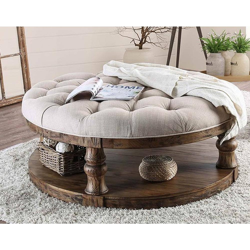 Pastoral Charm Round Oak Coffee Table with Button-Tufted Beige Linen Top