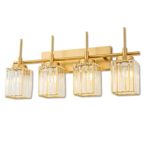 Orillia 27.17 in. 4-Light Modern Industrial Gold Bathroom Vanity Light with Crystal Square Shades