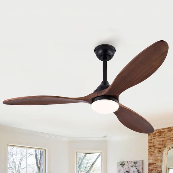 52 in. Brown 3-Solid Wood Blades Downrod Standard Ceiling Fan with Dimmable LED Light and Remote Control Included