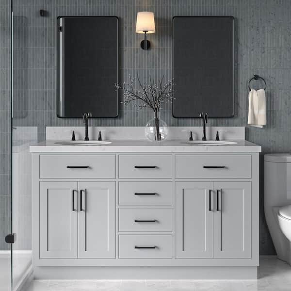 ARIEL Hepburn 60 in. W x 22 in. D x 36 in. H Double Sink Freestanding Bath Vanity in Grey with Carrara Quartz Top