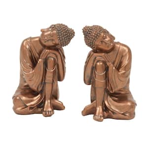 Bronze Polystone Meditating Buddha Sculpture with Engraved Carvings and Relief Detailing (Set of 2)