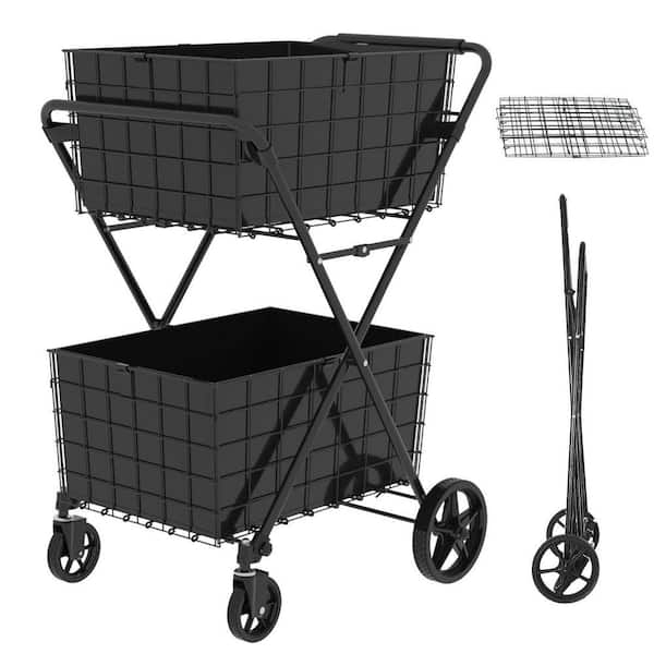 Jumbo Foldable Shopping Cart, 2-Tier Grocery Cart on Wheels with Double Basket, Serving Cart