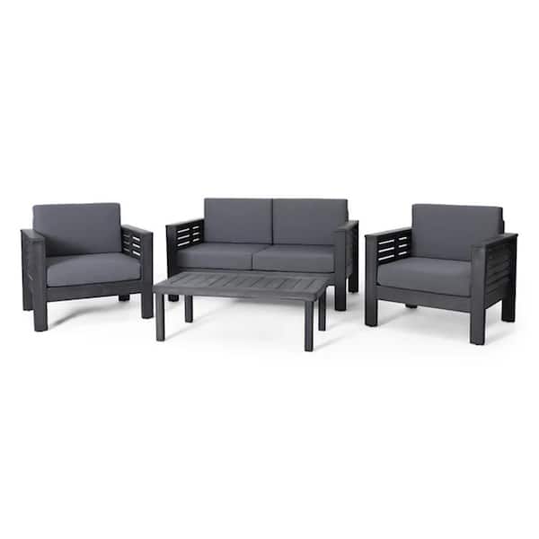 Unbranded Gray 4-Piece Acacia Wood Outdoor Loveseat and Coffee Table Set, Patio Sofa Set with Gray Cushions for Backyard, Garden