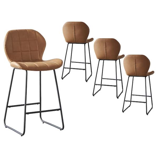 GOJANE 37.4 in. Brown High Back Metal Bar Stool Counter Stool with PU Leather Seat (Set of 4)