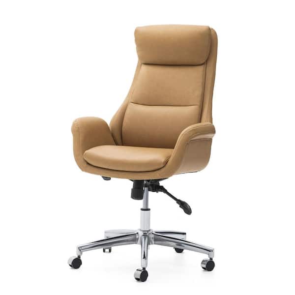 Glitzhome Faux Leather Wheels Office Chair in Brown