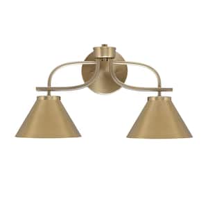 Olympia 8.75 in. 2-Light Bath Bar, New Age Brass, New Age Brass Cone Metal Shades Vanity Light