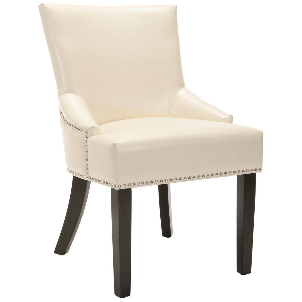 Transitional Flat Cream Leather Upholstered Side Chair with Nailhead Trim