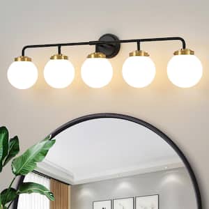 38.98 in. 5-Light Black and Gold Bathroom Vanity Light with Opal Glass Shades, Bulbs not Included