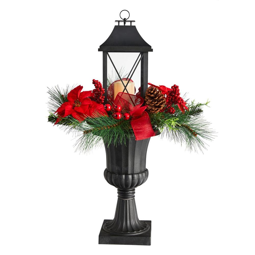 Nearly Natural 33 in. Unlit Holiday Christmas Berries and Poinsettia with Large Lantern and LED Candle Set in Decorative Urn Porch