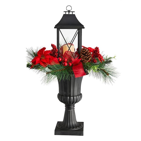 Nearly Natural 33 in. Unlit Holiday Christmas Berries and Poinsettia with Large Lantern and LED Candle Set in Decorative Urn Porch