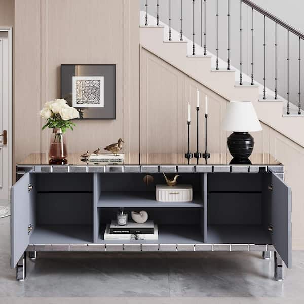 59 in. Silver Mirrored TV Stand for 65 in. TVs-Solid Wood Console w/ Crushed Diamond Glass Doors and Adjustable Shelves