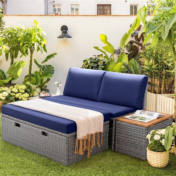 Multi-Functional Outdoor Wicker Love Seat Chaise Lounger with Navy Cushions