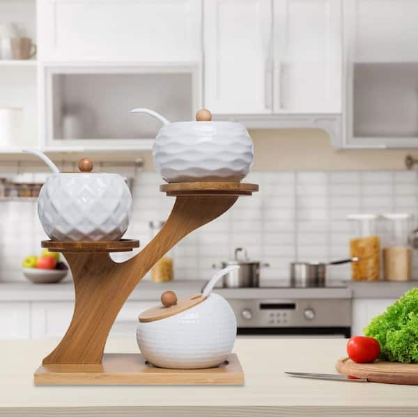 Wudkey 6.8 oz. White Porcelain Spice Jar Set with Bamboo Lids and