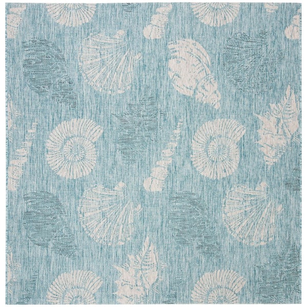 Courtyard Aqua/Cream 7 ft. x 7 ft. Square Geometric Indoor/Outdoor Patio  Area Rug