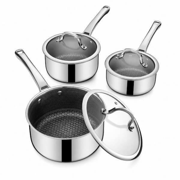 3-Pieces 1.5 qt. 2.5 qt. 3.5 qt. Stainless Steel Hybrid Nonstick Sauce Pan Set Induction Gas Ceramic Cooktop