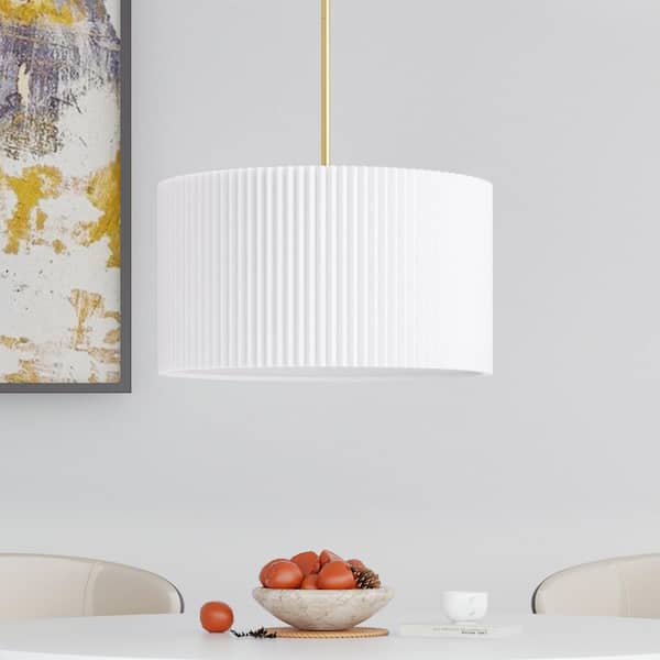 Regan 21-In 4-Light Brass Chandelier with White Pleated Lampshades.