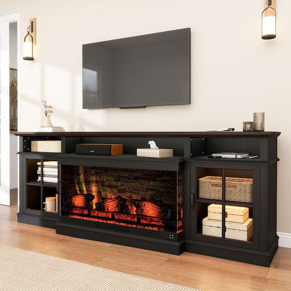 70 in. Freestanding Electric Fireplace TV Stand with Open Storage Shelves in Black