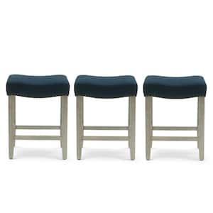 Jameson 24 in. Counter Height Antique Gray Wood Backless Nailhead Barstool with Navy Blue Linen Saddle Seat (Set of 3)