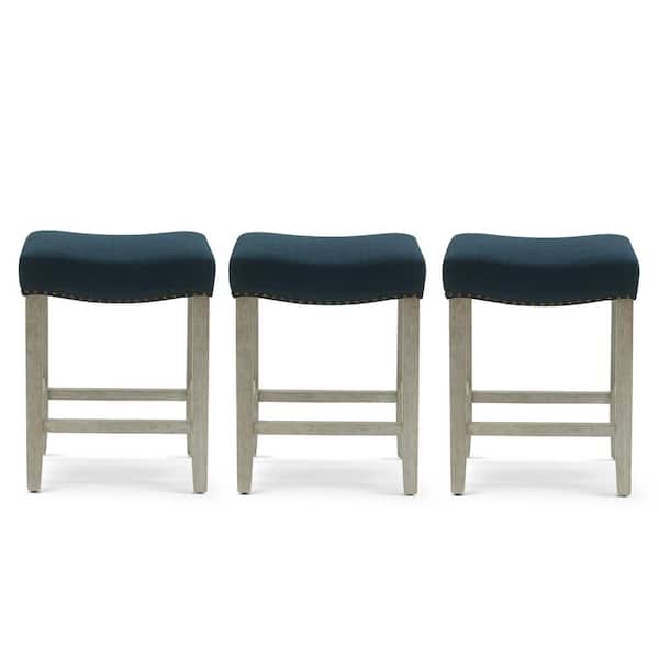 WESTINFURNITURE Jameson 24 in. Counter Height Antique Gray Wood Backless Nailhead Barstool with Navy Blue Linen Saddle Seat (Set of 3)