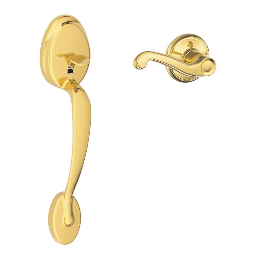 Bright Brass Schlage Lock Company Camelot Single Cylinder Handleset and Left Hand Flair Lever F60 CAM 505 FLA 605 LH 