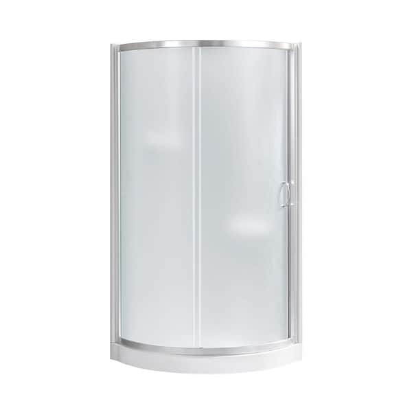 Breeze 35 in. L x 35 in. W x 77 in. H Corner Shower Kit with Frosted Sliding Door in Satin Nickel, Shower Pan, and Walls