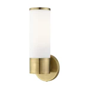 Crestmoor 4.25 in. 1-Light Antique Brass ADA Wall Sconce with Satin Opal White Glass