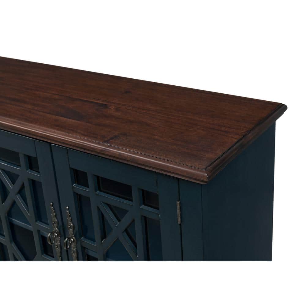Antique Blue and Walnut 63" TV Stand with Cabinets