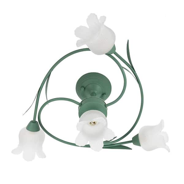 OUKANING 4-Light Green Modern Rounded Floral Semi-Flush Mount Ceiling Light with White Glass Shade, No Bulbs Included 19.68 in.