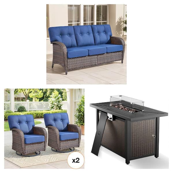 Seaside 3-Seat Wicker Sofa with Blue Cushions, 2-Piece Wicker Rocking Chair Set, and 43 in. Fire Pit Table