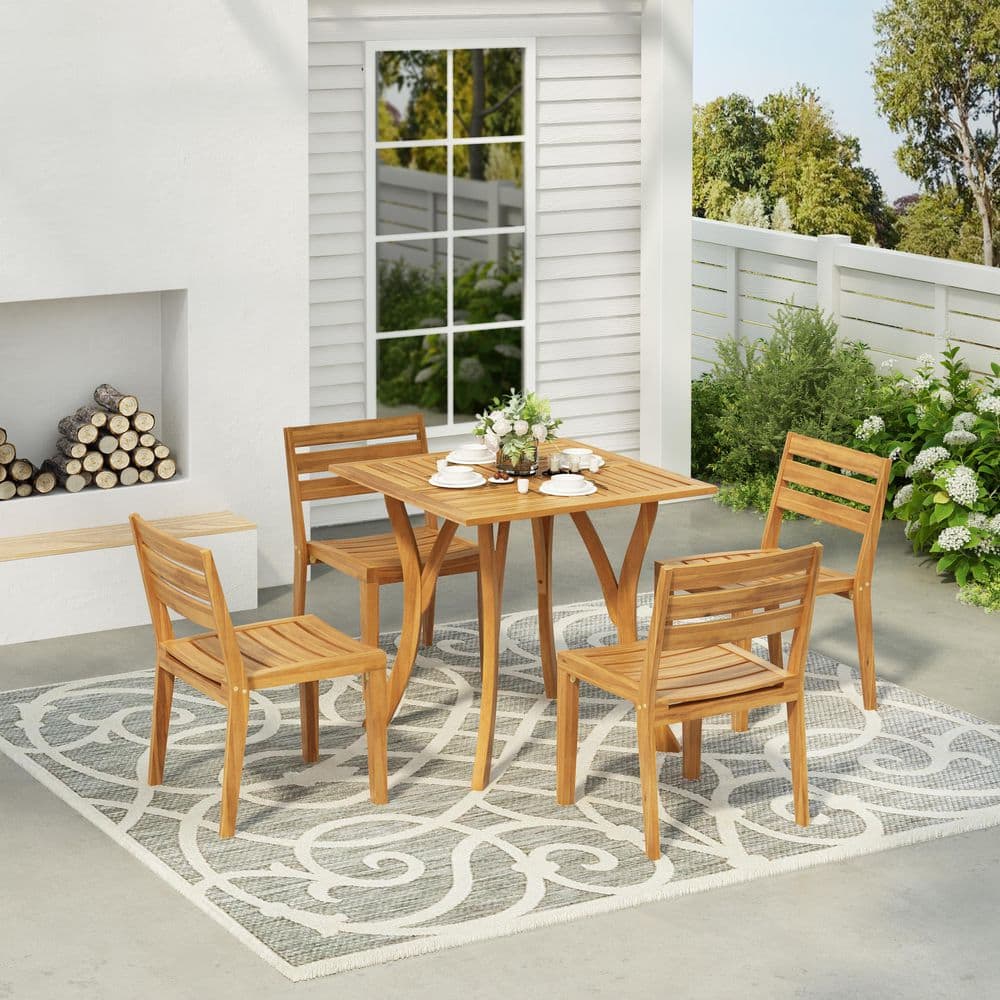 Calyrex Teak Finish 5-Piece Acacia Wood Square Patio Outdoor Bistro Set Dining Set