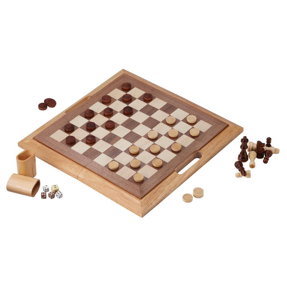 Natural and Dark Brown Wooden 3-in-1 Chess, Checkers, Backgammon Set