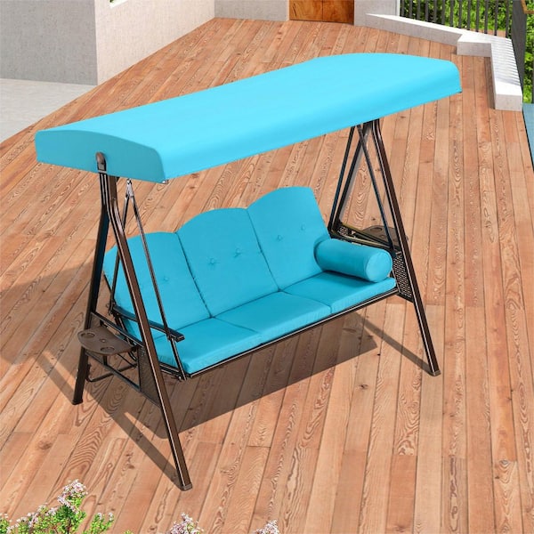 3-Person Steel Metal Patio Swing with Foldable Side Table, Canopy and Cushions, Turquoise Blue