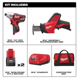 M12 12V Lithium-Ion Cordless Impact Driver/HACKZALL Combo Kit (2-Tool) with Two 1.5 Ah Batteries, Charger, Tool Bag