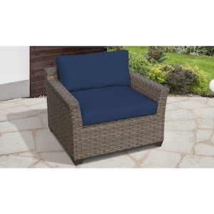 Monterey Wicker Outdoor Arm Club Chair With Navy Blue Cushions