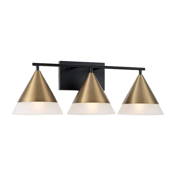 Capital Lighting Fixture Company Avant 26 in. W x 9 in. H 3-Light Black and Aged Brass Cone Vanity Light with Frosted Glass Shades