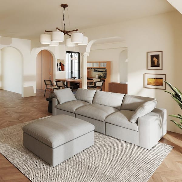 Magic Home Storage 118 in. Square Arm Down Filled Linen 3-Seater Cloud Modular Tuxedo Sofa in Gray with Ottoman, Removable Covers