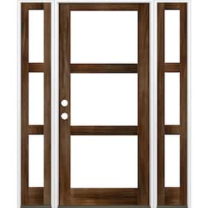 70 in. x 96 in. Modern Hemlock Right-Hand/Inswing 3-Lite Clear Glass Provincial Stain Wood Prehung Front Door with DSL